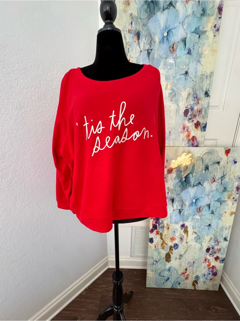 NWT Rae Dunn Sz 2X Red Raglan Sleeve Pullover with White 'tis the season' Script